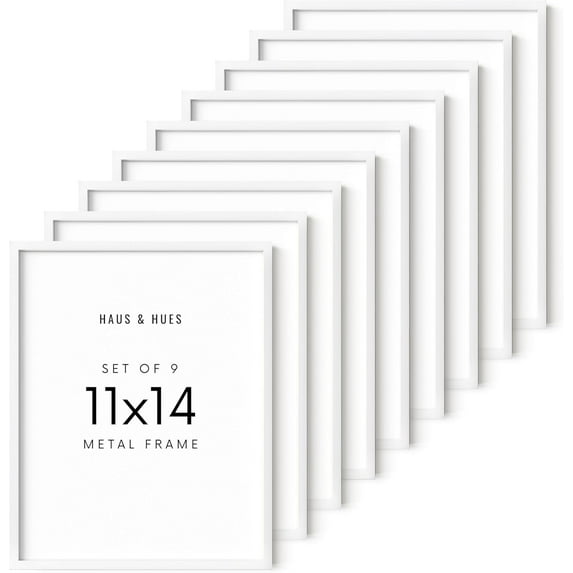 HAUS AND HUES 11x14 White Metal Picture Frames - Features Premium Aluminum, Vertical & Horizontal Hang, Shatterproof Plexiglass - Ideal for Home, Room, Office (11x14 in, White, Set of 9)