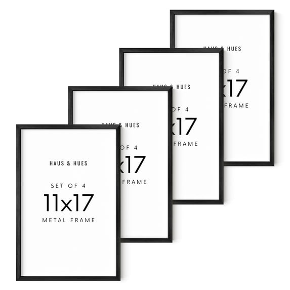 HAUS AND HUES 11x17 Black Metal Picture Frames - Features Premium Aluminum, Vertical & Horizontal Hang, Shatterproof Plexiglass - Ideal for Home, Room, Office (11x17 in, Black, Set of 4)