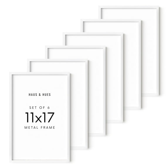 HAUS AND HUES 11x17 White Metal Picture Frames - Features Premium Aluminum, Vertical & Horizontal Hang, Shatterproof Plexiglass - Perfect for Home, Room, Office (11x17 in, White, Set of 6)