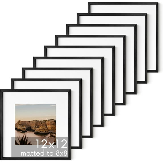 HAUS AND HUES 12x12 Black Metal Picture Frame Matted to 8x8 - Features Premium Aluminum & Hanging Hardware, Shatterproof Plexiglass - Ideal for Home, Room, Office (12x12 in, Black, Set of 9)