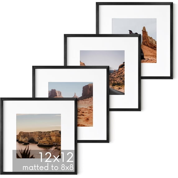 HAUS AND HUES 12x12 Black Metal Picture Frames Matted to 8x8 - Features Premium Aluminum & Hanging Hardware, Shatterproof Plexiglass - Ideal for Home, Room, Office (12x12 in, Black, Set of 4)