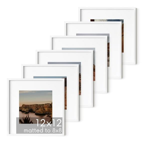 HAUS AND HUES 12x12 White Metal Picture Frames Matted to 8x8- Features Premium Aluminum & Hanging Hardware, Shatterproof Plexiglass - Ideal for Home, Room, Office (12x12 in, White, Set of 6)