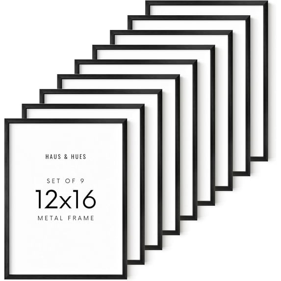 HAUS AND HUES 12x16 Black Metal Picture Frames - Features Premium Aluminum, Vertical & Horizontal Hang, Shatterproof Plexiglass - Ideal for Home, Room, Office (12x16 in, Black, Set of 9)