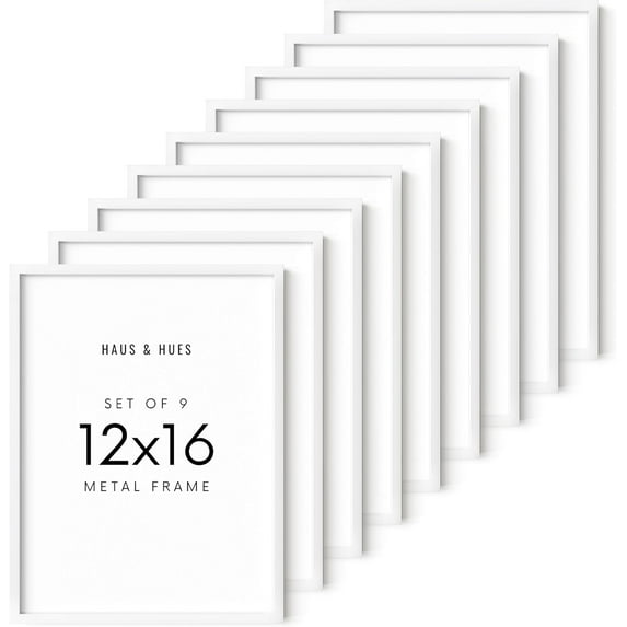 HAUS AND HUES 12x16 White Metal Picture Frames - Features Premium Aluminum, Vertical & Horizontal Hang, Shatterproof Plexiglass - Ideal for Home, Room, Office (12x16 in, White, Set of 9)