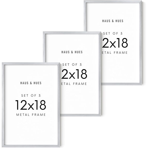 HAUS AND HUES 12x18 Silver Metal Picture Frames - Features Premium Aluminum, Vertical & Horizontal Hang, Shatterproof Plexiglass - Perfect for Home, Room, Office (12x18 in, Silver, Set of 3)