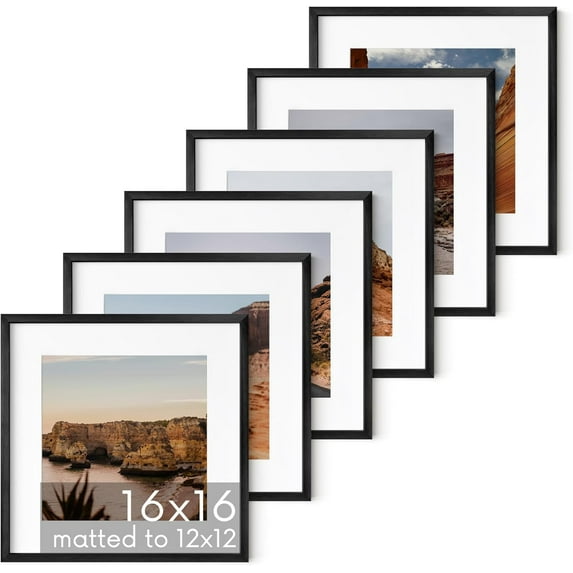 HAUS AND HUES 16x16 Black Metal Picture Frames Matted to 12x12 - Features Premium Aluminum & Hanging Hardware, Shatterproof Plexiglass - Ideal for Home, Room, Office (16x16 in, Black, Set of 6)