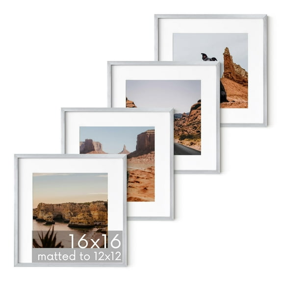 HAUS AND HUES 16x16 Silver Metal Picture Frame Matted to 12x12- Features Premium Aluminum & Hanging Hardware, Shatterproof Plexiglass - Ideal for Home, Room, Office (16x16 in, Silver, Set of 4)