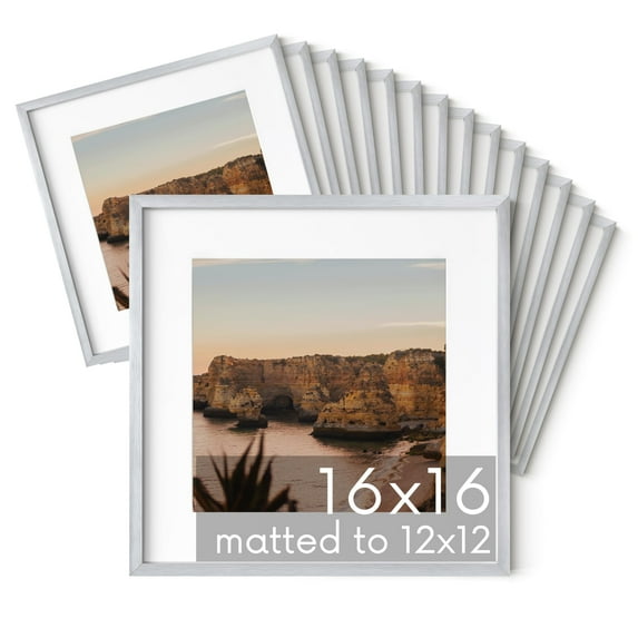 HAUS AND HUES 16x16 Silver Metal Picture Frame Matted to 12x12- Features Premium Aluminum & Hanging Hardware, Shatterproof Plexiglass - Ideal for Home, Room, Office (16x16 in, Silver, Set of 15)