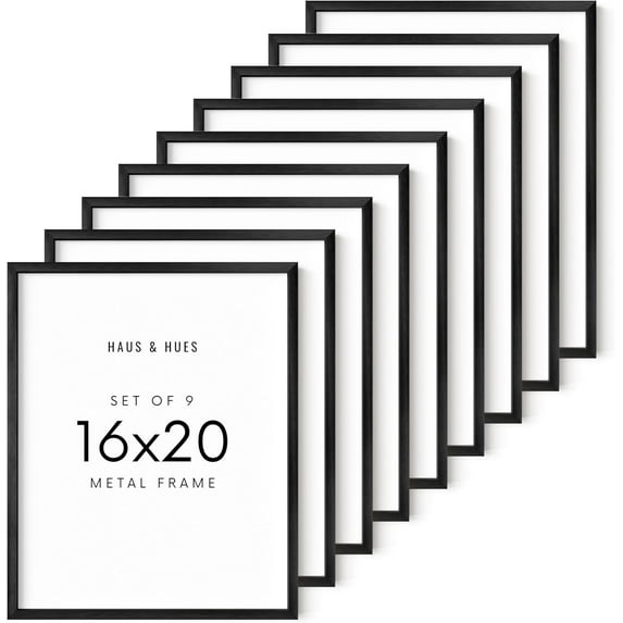 HAUS AND HUES 16x20 Black Metal Picture Frames - Features Premium Aluminum, Vertical & Horizontal Hang, Shatterproof Plexiglass - Ideal for Home, Room, Office (16x20 in, Black, Set of 9)