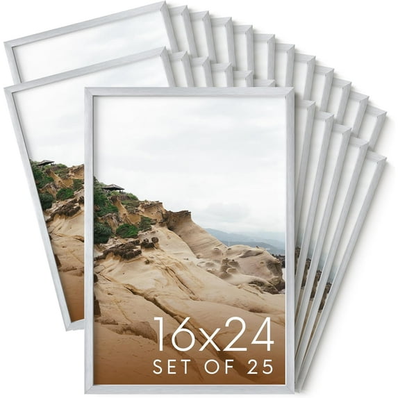 HAUS AND HUES 16x24 Silver Metal Picture Frames - Features Premium Aluminum, Vertical & Horizontal Hang, Shatterproof Plexiglass - Perfect for Home, Room, Office (16x24 in, Silver, Set of 25)
