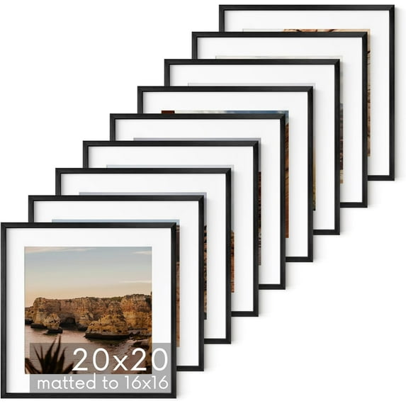 HAUS AND HUES 20x20 Black Metal Picture Frames Matted to 16x16 - Features Premium Aluminum & Hanging Hardware, Shatterproof Plexiglass - Ideal for Home, Room, Office (20x20 in, Black, Set of 9)