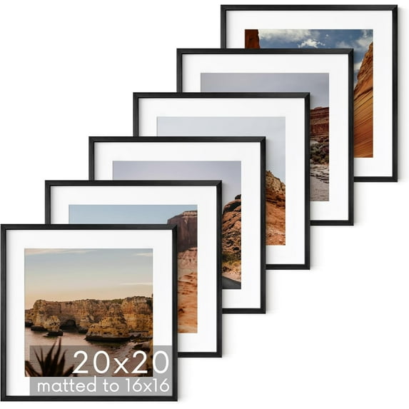 HAUS AND HUES 20x20 Black Metal Picture Frames Matted to 16x16 - Features Premium Aluminum & Hanging Hardware, Shatterproof Plexiglass - Ideal for Home, Room, Office (20x20 in, Black, Set of 6)