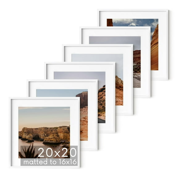 HAUS AND HUES 20x20 White Metal Picture Frames Matted to 16x16 - Features Premium Aluminum & Hanging Hardware, Shatterproof Plexiglass - Ideal for Home, Room, Office (20x20 in, White, Set of 6)