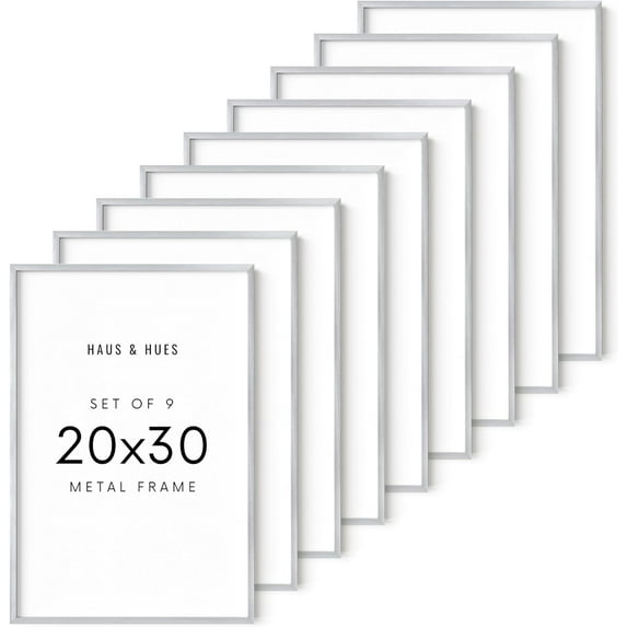 HAUS AND HUES 20x30 Silver Metal Picture Frames - Features Premium Aluminum, Vertical & Horizontal Hang, Shatterproof Plexiglass - Perfect for Home, Room, Office (20x30 in, Silver, Set of 9)