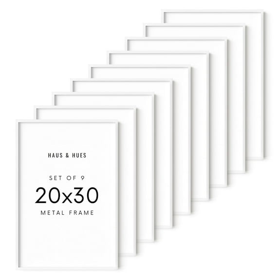 HAUS AND HUES 20x30 White Metal Picture Frames - Features Premium Aluminum, Vertical & Horizontal Hang, Shatterproof Plexiglass - Ideal for Home, Room, Office (20x30 in, White, Set of 9)
