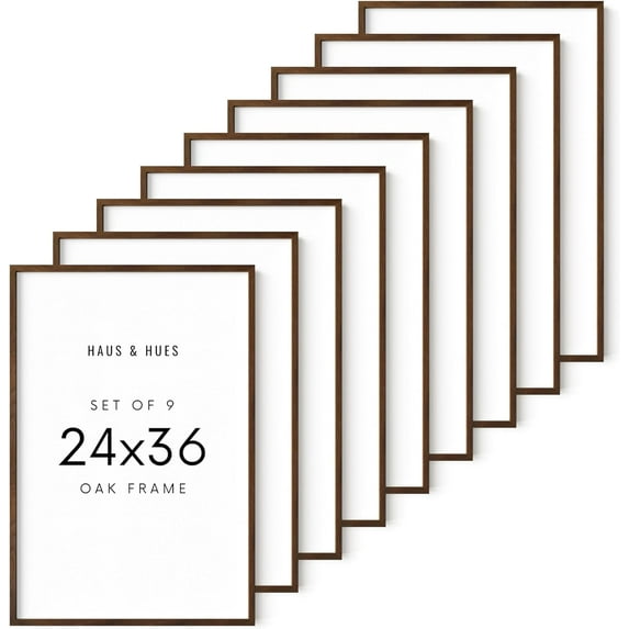 HAUS AND HUES 24x36 Frame Set of 9-24x36 Inch Poster Frame and Walnut Oak Wood Picture Frame - Rustic Barnwood Design with Shatterproof Plexiglass and Sawtooth Hangers Included