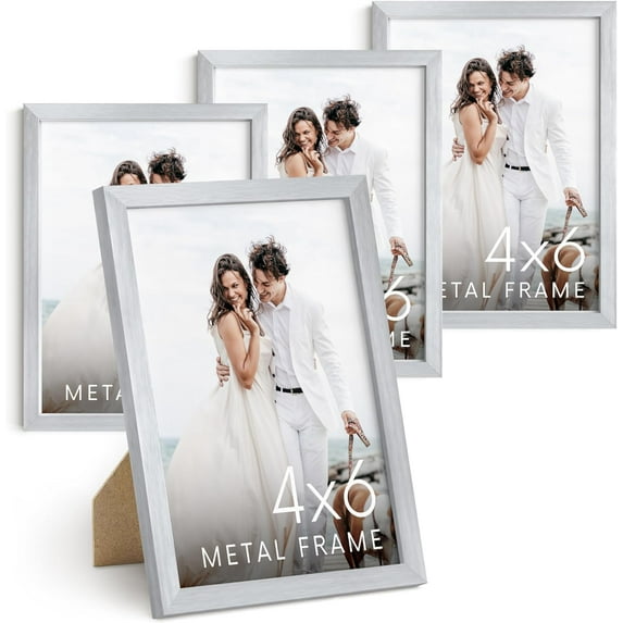 HAUS AND HUES 4x6 Silver Metal Picture Frames - Photo Frames 4X6 - Features Premium Aluminum, Vertical Hanging, Easel Back for Tabletop, Home, Office (4x6 in, Silver, Set of 4)