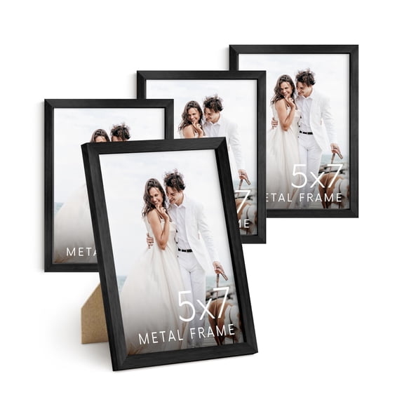 HAUS AND HUES 5x7 Black Metal Picture Frames - Black 5X7 Photo Frames - Features Premium Aluminum, Vertical Hanging, Easel Back for Tabletop, Home, Office (5x7 in, Black, Set of 4)