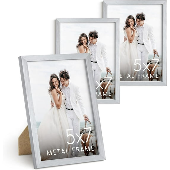 HAUS AND HUES 5x7 Silver Metal Picture Frames - Photo Frames 5X7 - Features Premium Aluminum, Vertical Hanging, Easel Back for Tabletop, Home, Office (5x7 in, Silver, Set of 3)