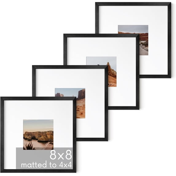 HAUS AND HUES 8x8 Black Metal Picture Frames Matted to 4x4 - Features Premium Aluminum & Hanging Hardware, Shatterproof Plexiglass - Ideal for Home, Room, Office (8x8 in, Black, Set of 4)