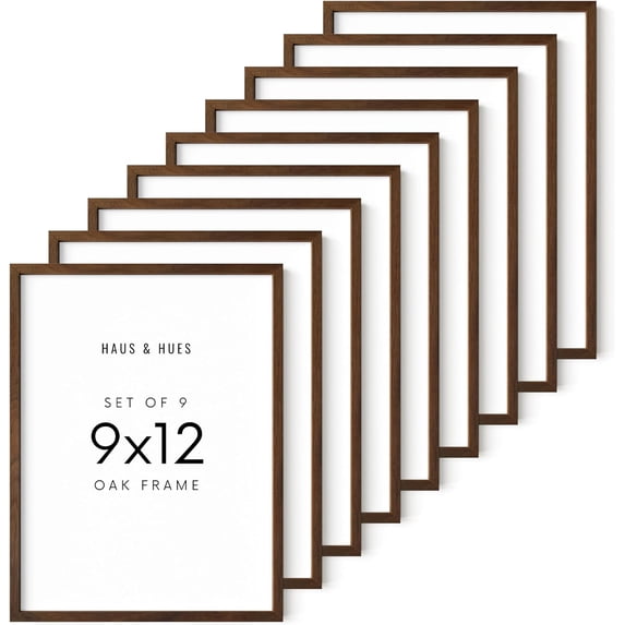 HAUS AND HUES 9x12 Picture Frame - Set of 9 Wood Picture Frames - Natural Wood Frame with Shatterproof Plexiglass and Sawtooth Hangers Included (Walnut Oak Frame)