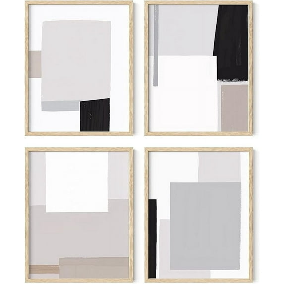 HAUS AND HUES Abstract Minimalist Wall Art Set of 4 - White and Grey Wall Art, Black and White Minimalist Wall Art, Neutral Wall Art, Modern Art Wall Decor, Abstract Wall Decor (Beige Framed, 11x14)