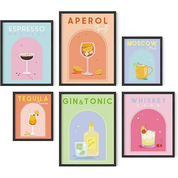 HAUS AND HUES Alcohol Framed Wall Art - Gallery Wall Art Set, Cocktail Art, Aperol Spritz Decor, Preppy Wall Art, Drink Posters, Bar Wall Art, Alcohol Posters (Framed Black)