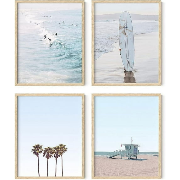 HAUS AND HUES Beach Wall Art Prints - Set of 4 Ocean Beach Decor Art Prints | Nautical Themed Beach Wall Decor and Decorations for Home Beach Art Prints Beach Decor (Beige Framed, 8 x 10)