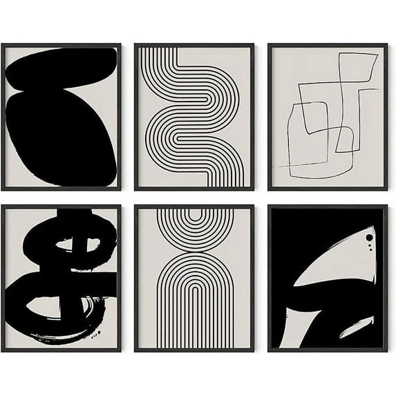 HAUS AND HUES Black Abstract Painting Aesthetic Wall Art- Set of 6, Modern Abstract Wall Art Black and Gray, One Line Abstract Art, Geometric Print Wall Art, Minimalist Wall Art (16x20, Black Framed)