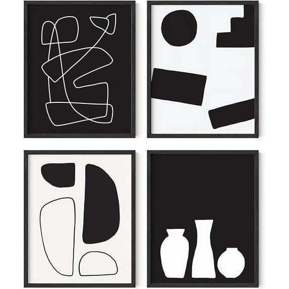 HAUS AND HUES Black and White Abstract Wall Art - Set of 4 Geometric Wall Prints, Modern Abstract Wall Art, Wall Decor Geometric Pictures For Wall, Black Art Work For Home Walls (Unframed, 16x20)