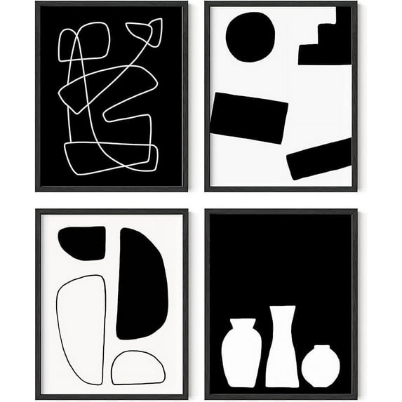 HAUS AND HUES Black and White Abstract Wall Art - Set of 4 Geometric Wall Prints, Modern Abstract Wall Art, Wall Decor Geometric Pictures For Wall, Black Art Work For Home Walls (11x14, Unframed)