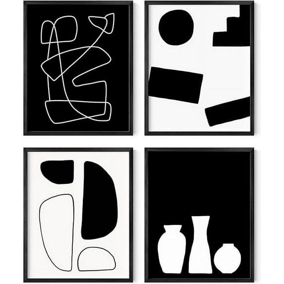 HAUS AND HUES Black and White Abstract Wall Art - Set of 4 Geometric Wall Prints, Modern Abstract Wall Art, Wall Decor Geometric Pictures for Wall, Black Art Work for Home Walls (8x10, Unframed)