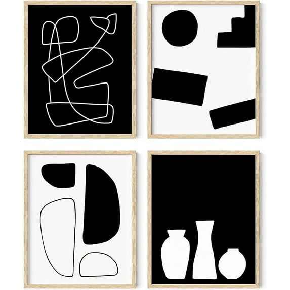 HAUS AND HUES Black and White Framed Wall Art - Set of 4 Framed Geometric Wall Art, Abstract Minimalist Wall Art, Geometric Wall Shapes, Framed Modern Art, Black Art Wall Decor (8x10, Beige Framed)