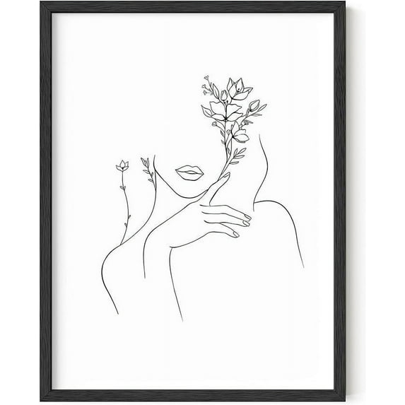 HAUS AND HUES Black and White Prints Line Art Line Art Wall Decor Minimalist Wall Art for Women, Line Drawings Minimalist Silhouette Wall Art Female UNFRAMED 12” x 16” (Woman with Flower)