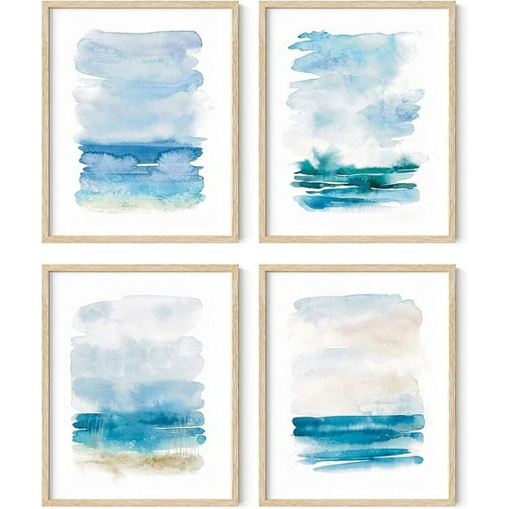 HAUS AND HUES Blue Abstract Wall Art - Set of 4 Watercolor Prints, Abstract Blue Art, Abstract Wall Art with Frame, Abstract Art Wall Decor, Watercolor Art Prints (Framed Beige, 16x20)