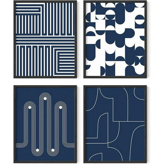 HAUS AND HUES Blue Wall Art Set of 4 - Navy Blue Wall Art, Navy Wall Decor, Geometric Wall Art, Navy Blue Wall Decor, Geometric Wall Decor, Abstract Wall Art With Frame, (Framed Black 16x20)