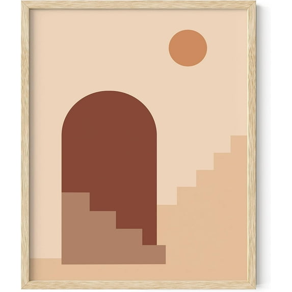 HAUS AND HUES Boho Art Prints Minimalist Decor - Boho Wall Art Mid Century Modern Decor Wall Art Boho Wall Decor Boho Modern Wall Prints Sun and Two Staircases with Door (16x20 Framed Beige)