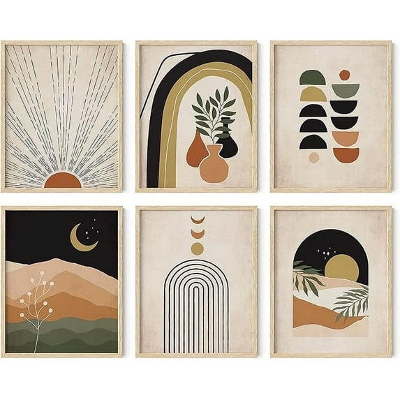HAUS AND HUES Boho Framed Art Set of 6 - Mid Century Modern Wall Decor, Mid Century Modern Wall Art, Mid Century Wall Art, Scandinavian Wall Art, Boho Wall Art Framed (Beige Framed, 11x14)