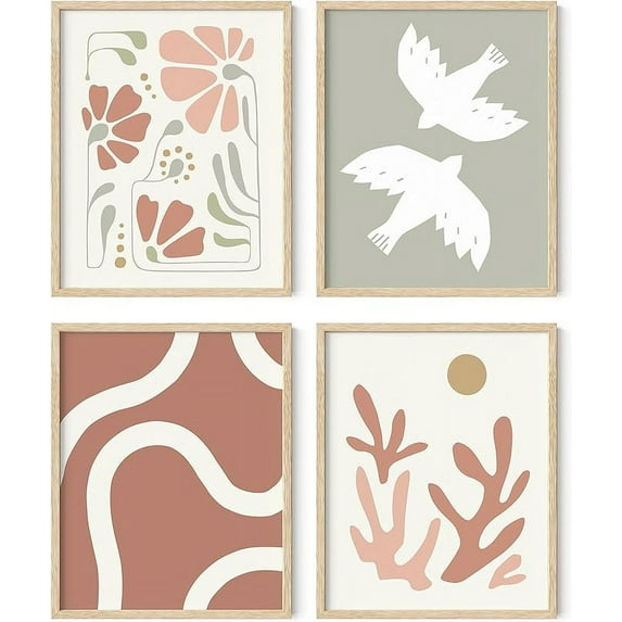 HAUS AND HUES Boho Pictures Wall Decor - Set of 4 Mid Century Modern Wall Art, Neutral Wall Decor, Botanical Wall Art Framed, Coral Artwork Wall Decor, Boho Prints Wall Art (16x20, Framed Beige)