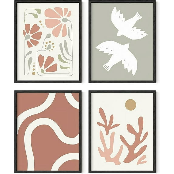 HAUS AND HUES Boho Pictures Wall Decor - Set of 4 Mid Century Modern Wall Art, Neutral Wall Decor, Botanical Wall Art Framed, Coral Artwork Wall Decor, Boho Prints Wall Art (16x20, Framed Black)