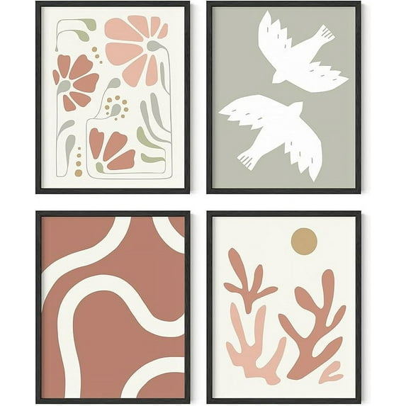 HAUS AND HUES Boho Posters - Set of 4 Nature Wall Prints, Neutral Art, Minimal Art Print, Modern Gallery Wall, Botanical Print, Coral and Green Set of 4, Boho Posters (11x14, Unframed)