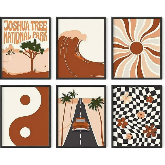 HAUS AND HUES Boho Wall Art Decor - Set of 6 Mid Century Modern Wall Decor, Retro Terra Cotta Wall Decor, Minimalist Wall Art, Boho Art Wall Decor Rustic Wall Art Set of 6 (Framed Black 11x14)
