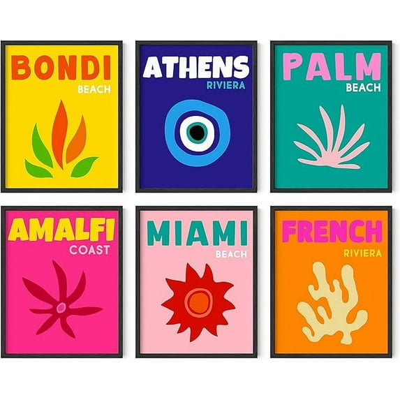 HAUS AND HUES Colorful Framed Wall Art - Set of 6 Trendy Travel Wall Decor, Aesthetic Preppy Room Decor, Travel Decor for Home, Multi Color Around the World Travel Theme (Black Framed, 11x14)