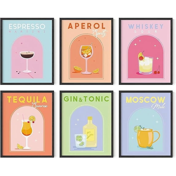 HAUS AND HUES Danish Pastel Posters Alcohol Poster - Set of 6 Aesthetic Cocktail Poster, Preppy Pictures for Wall, Funky Dorm Posters for College Girls, Colorful Bar Wall Art (11x14 Unframed)