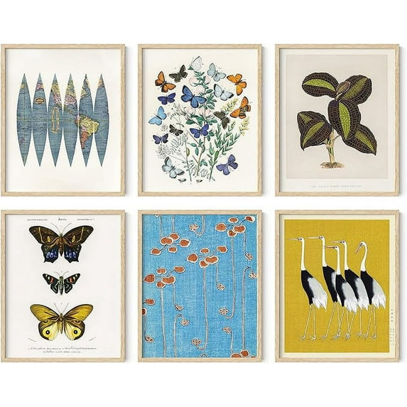 HAUS AND HUES Eclectic Wall Art - Set of 6 Vintage Wall Decor Butterfly Wall Art, Bedroom Wall Art Eclectic Decor, Botanical Prints Gallery Wall Art, Framed Artwork for Walls (16x20, Framed Beige)