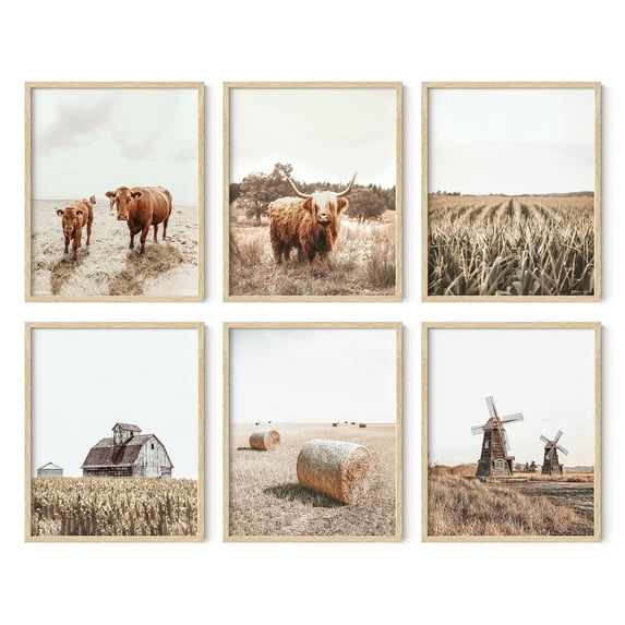 HAUS AND HUES Farmhouse Art Set of 6, Cow Wall Art, Framed Wall Art Barn Pictures Wall Decor, Cow Pictures Wall Decor Farmhouse Pictures, Animal Wall Art Decor, Cow Wall Decor (Beige Framed, 8x10)