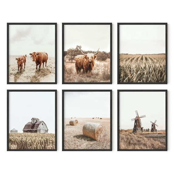 HAUS AND HUES Farmhouse Art Set of 6, Cow Wall Art, Framed Wall Art Barn Pictures Wall Decor, Cow Pictures Wall Decor Farmhouse Pictures, Animal Wall Art Decor, Cow Wall Decor (Black Framed, 8x10)