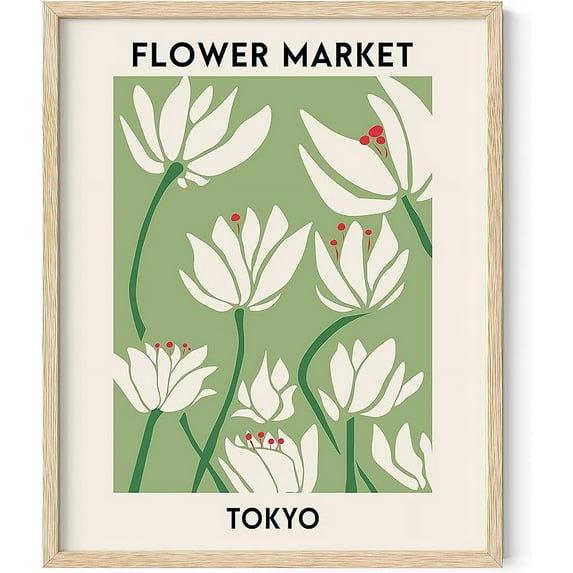 HAUS AND HUES Flower Market Poster Botanical Decor - Flower Wall Art, Flower Poster & Flower Prints Wall Art, Sage Green Wall Decor, Green Wall Art & Floral Prints Wall Art (16" x 20" Framed Beige)