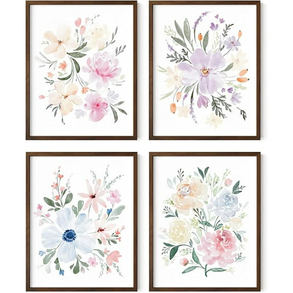 HAUS AND HUES Flower Wall Decor - Set of 4 Floral Wall Art, Floral Wall Decor, Flower Wall Art, Framed Flower Painting, Floral Pictures Wall Decor, Flower Pictures (Framed Walnut, 11x14)