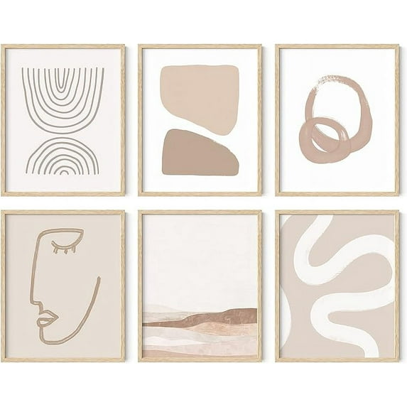 HAUS AND HUES Framed Beige Boho Art Wall Decor - Set of 6 Neutral Mid Century Modern Wall Art, Minimalist Wall Art, Neutral Wall Decor, Beige Boho Posters for Room Aesthetic (Framed Beige 16x20)